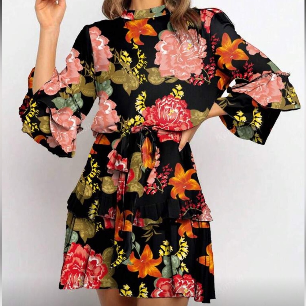 Floral Mini Dress - Black and Red